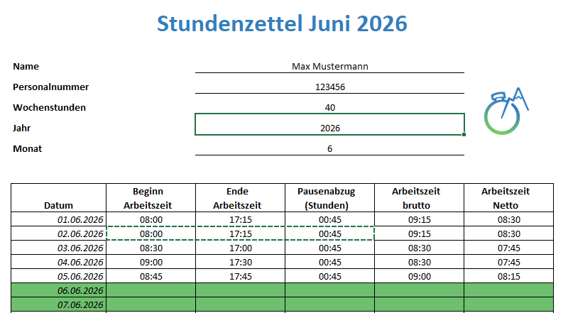 Screenshot, der die Excel-Vorlage Stundenzettel zeigt