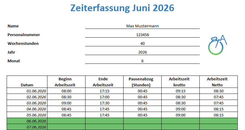 Kostenlose Excel-Vorlagen zur Zeiterfassung Screenshot, der die Excel-Vorlage zur Zeiterfassung zeigt